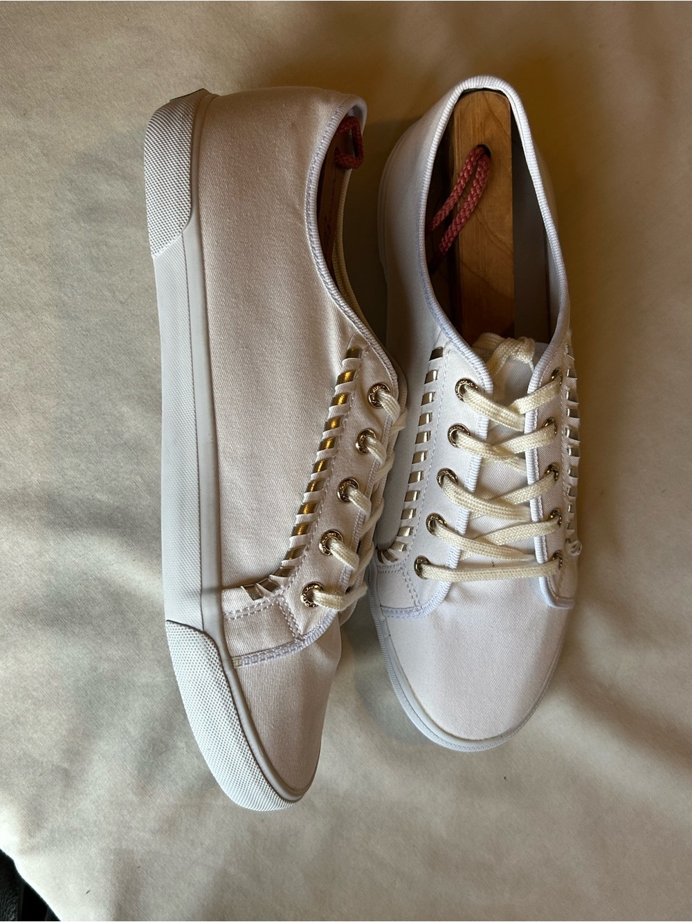 Jack Rogers White Canvas Low-Top Sneakers with Gold Eyelets
